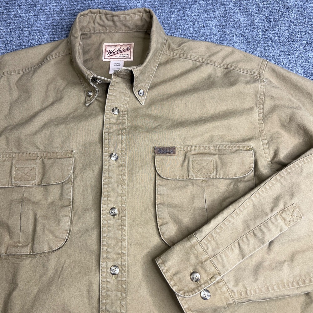 Woolrich Mens Large Tan Khaki 100% Cotton Long Sleeve Button Down Utility Shirt